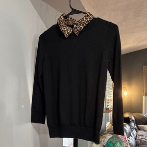 J. Crew Black Sweater with Leopard Print Collar